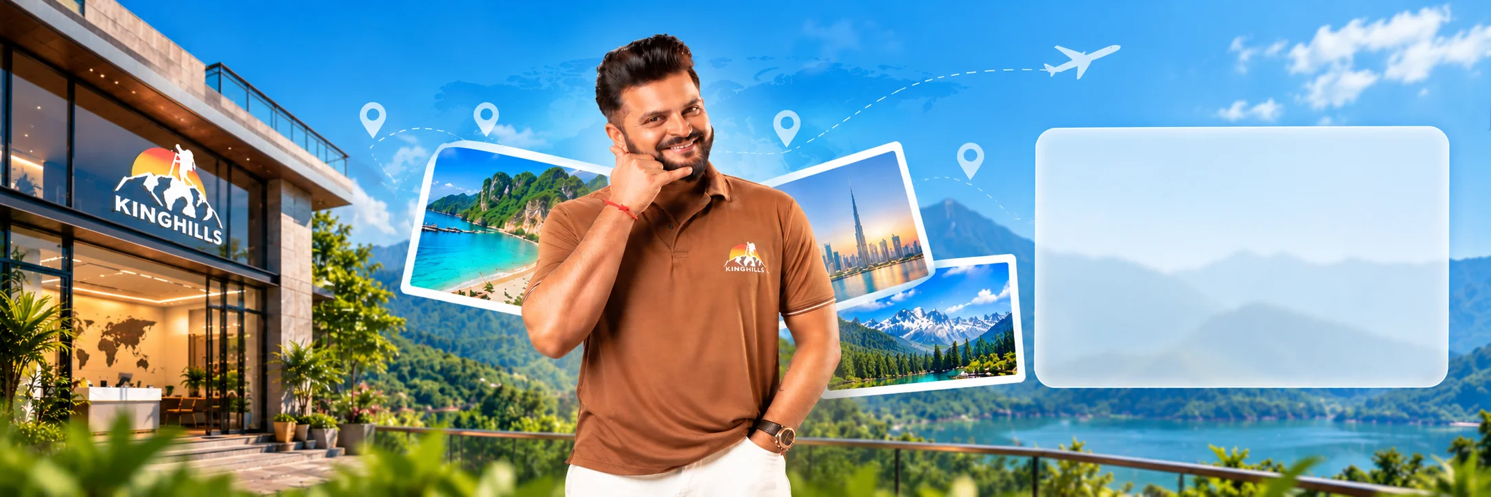 Kinghills Travels office with a team member and holiday photos of beaches, Dubai and mountains