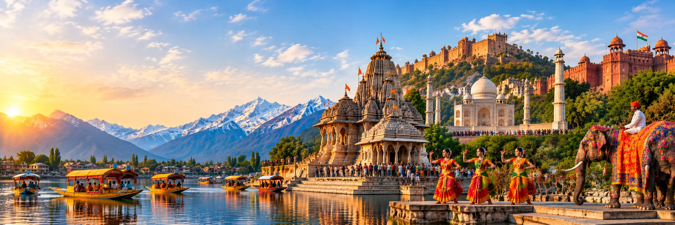 Kashmir shikaras, Himalayan peaks, a temple, the Taj Mahal, a fort and classical dancers across India