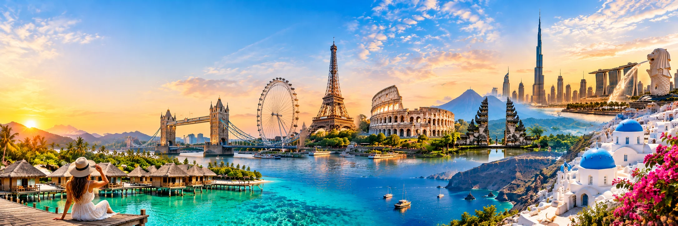 Maldives water villas, Tower Bridge, the London Eye, the Eiffel Tower, the Colosseum, Bali, Dubai, Singapore and Santorini